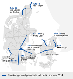 Hjemrejsetrafikken vil især påvirke disse strækninger. Grafik: Vejdirektoratet