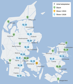 Kortet viser ladeparker, der er åbnet, samt ladeparker der er i udbud bl.a. i forbindelse med Infrastrukturplan 2035, og der kommer løbende flere til. Kort: Vejdirektoratet