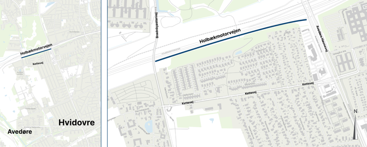 Støjskærm langs Holbækmotorvejen i Hvidovre. Kort: Vejdirektoratet