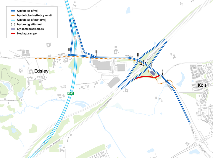 De to sydlige ramper på Aarhus Syd Motorvejen står nu overfor en større ombygning. Kort: Vejdirektoratet