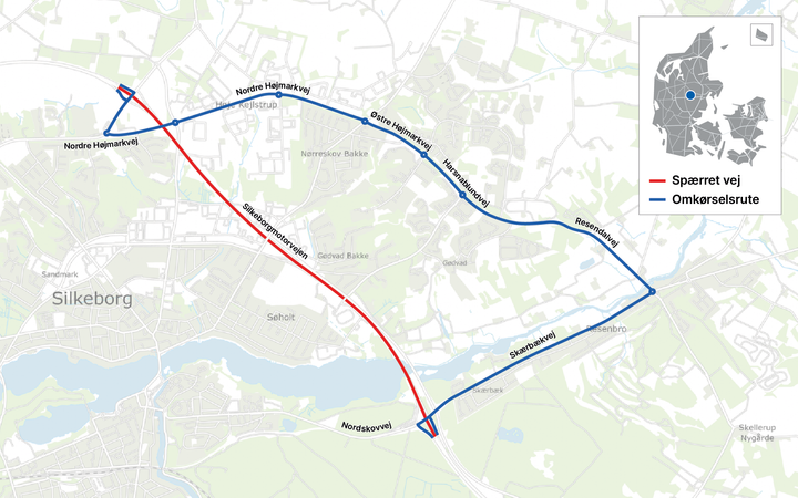 Der vil være omkørsel via Resenbro, når Silkeborgtunnelen er lukket. Grafik: Vejdirektoratet