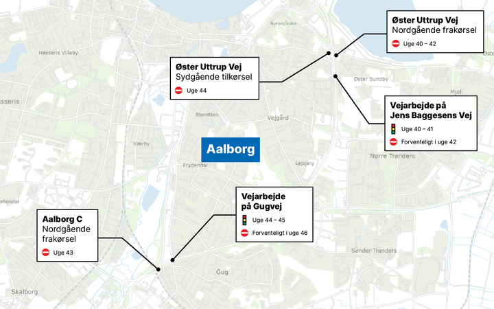 Overblik over vejarbejder på E45 Aalborg. Kort: Vejdirektoratet