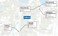 Overblik over vejarbejder på E45 i Aalborg. Kort: Vejdirektoratet