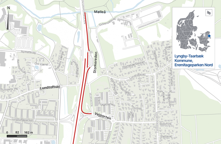 Nu begynder arbejdet med at etablere støjskærme langs Helsingørmotorvejen i Lyngby-Taarbæk Kommune. Grafik: Vejdirektoratet