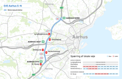 Der vil i takt med, at tunnelerne langs E45 skal udvides, være perioder med spærringer af flere lokale veje, der krydser motorvejen. Kort: Vejdirektoratet.