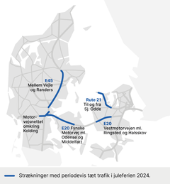 Strækninger med periodevis tæt trafik i juleferien. Grafik: Vejdirektoratet