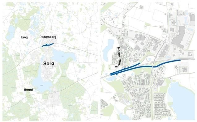 Oversigt over støjskærme langs Vestmotorvejen ved Sorø. Kort: Vejdirektoratet