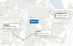 Oversigt over vejarbejde omkring Nordjyske Motorvej i Aalborg i forbindelse med opsætning af støjskærme. Kort: Vejdirektoratet