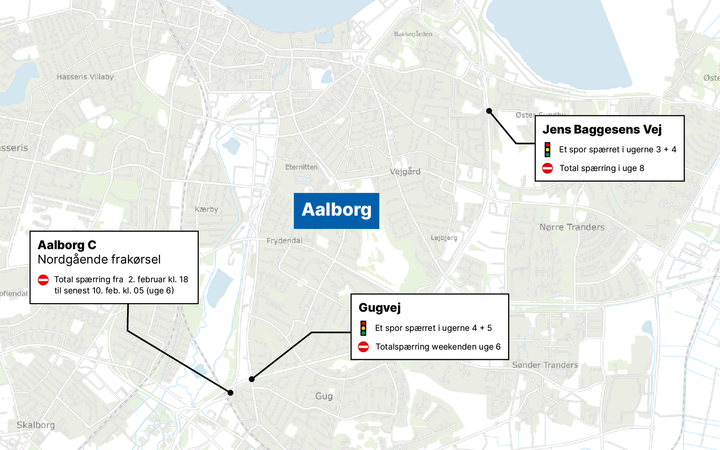 Oversigt over vejarbejde omkring Nordjyske Motorvej i Aalborg i forbindelse med opsætning af støjskærme. Kort: Vejdirektoratet