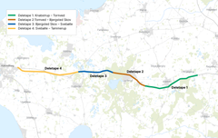 Anlægsprojektet for 3. etape af Kalundborgmotorvejen er inddelt i fire deletaper. Kort: Vejdirektoratet