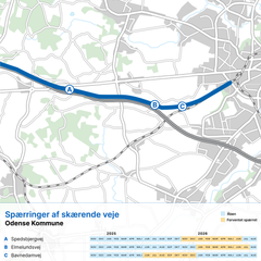 Forventede vejspærringer i Odense Kommune. Illustration: Vejdirektoratet