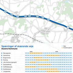 Forventede vejspærringer i Assens Kommune. Illustration: Vejdirektoratet