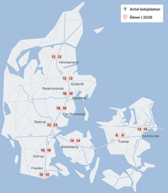 Placering af de 20 ladeparker, der åbner i 2026. Grafik: Vejdirektoratet