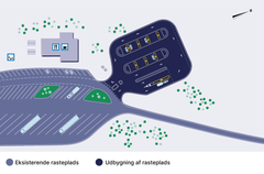 Visualisering af den kommende ladepark på rasteplads Pedersminde. Grafik: Vejdirektoratet.