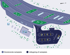 Visualisering af den kommende ladepark på rasteplads Blankhøj. Grafik: Vejdirektoratet.