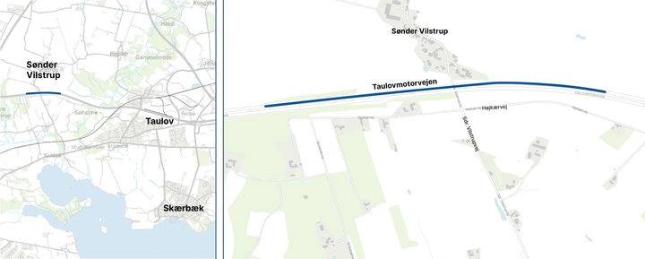 Støjskærm langs Taulovmotorvejen. Kort: Vejdirektoratet