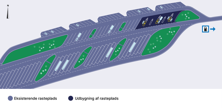 Visualisering af den kommende ladepark på Harte Nord. Grafik: Vejdirektoratet.