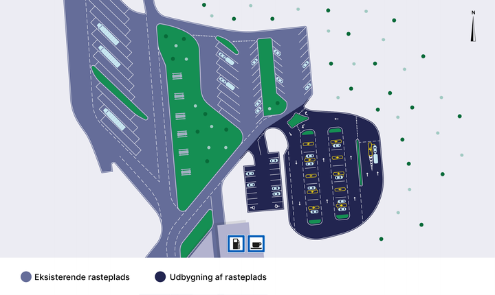 Visualisering af den kommende ladepark ved Skærup Øst. Grafik: Vejdirektoratet.