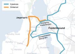 Søndag den 22. juni vil Kronprinsesse Marys bro være spærret for trafik i østlig retning mellem klokken 10.15 og 12.00. Den østgående trafik henvises i stedet til at benytte Kronprins Frederiks Bro. Grafik: Vejdirektoratet