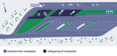 Visualisering af den kommende ladepark ved Tuelsø Nord. Grafik: Vejdirektoratet.