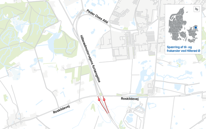 De sydvendte til- og frakørselsramper Hillerød Ø ved Roskildevej spærres. Kort: Vejdirektoratet