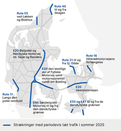 Vejdirektoratet forventer, at særligt disse strækninger vil blive påvirket af tæt ferietrafik. Grafik: Vejdirektoratet