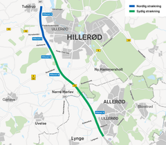 Zøllner A/S er entreprenør på den sydlige del af Hillerødmotorvejens frolængelse. Kort: Vejdirektoratet