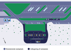 Visualisering af den kommende ladepark ved rasteplads Kildebjerg Syd på Fyn. Grafik: Vejdirektoratet.