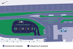 Visualisering af den kommende ladepark ved rasteplads Karlslunde Øst på Sjælland. Grafik: Vejdirektoratet.