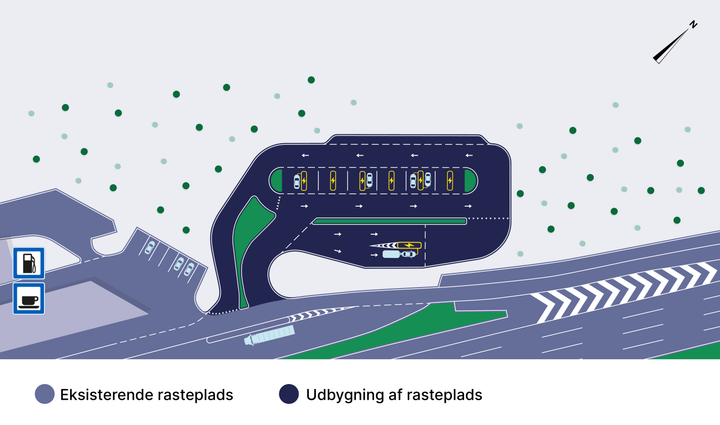 Visualisering af den kommende ladepark ved rasteplads Karlslunde Vest på Sjælland. Grafik: Vejdirektoratet.