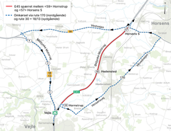 Omkørselsruter mens motorvejen er spærret fra den 23. august klokken 16:45 - den 24. august klokken 09:00 mellem <59> Hornstrup og <57> Horsens S.