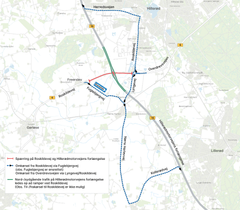 Omkørselsruter i forbindelse med broarbejde på Roskildevej fra den 19.-22. september 2025. Kort: Vejdirektoratet