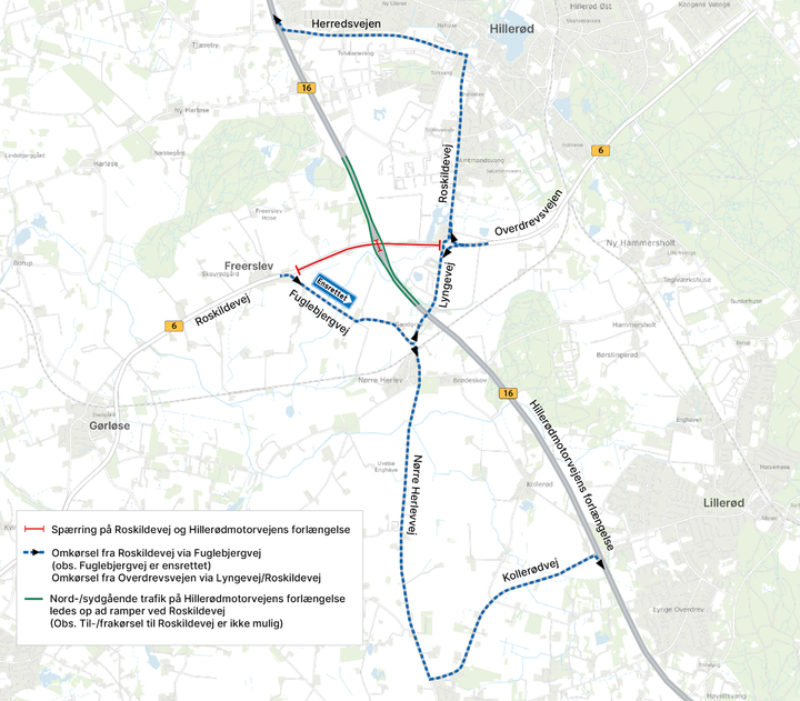 Omkørselsruter i forbindelse med broarbejde på Roskildevej fra den 19.-22. september 2025. Kort: Vejdirektoratet