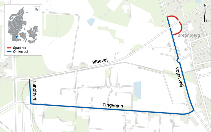 Kort med omkørselsrute fra Billundvej til Ribevej