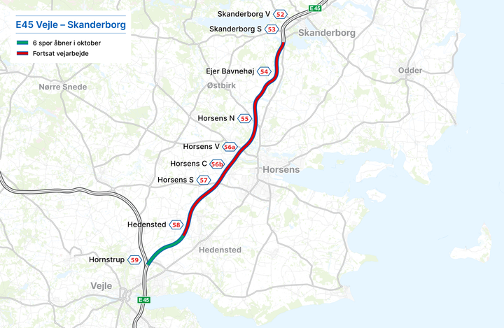 Kort over den nye strækning der åbner på E45