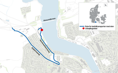 Kort over rute for lastbil transporter og udsejlingssted. Kort: Vejdirektoratet.