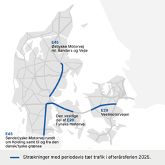 Vejdirektoratet forventer, at særligt disse strækninger vil blive påvirket af tæt trafik. Grafik: Vejdirektoratet