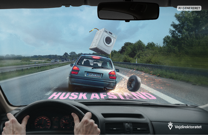 Vejdirektoratets nye kampagne bruger AI-genererede billeder af dramatiske situationer for at minde trafikanterne om at holde afstand på motorvejen. Grafik: Vejdirektoratet