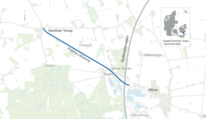 Vejdirektoratet anlægger enkeltrettede cykelstier mellem Hammer Torup og Sydmotorvejen, der skal gøre det trygt og sikkert at tage cyklen. Illustration: Vejdirektoratet.