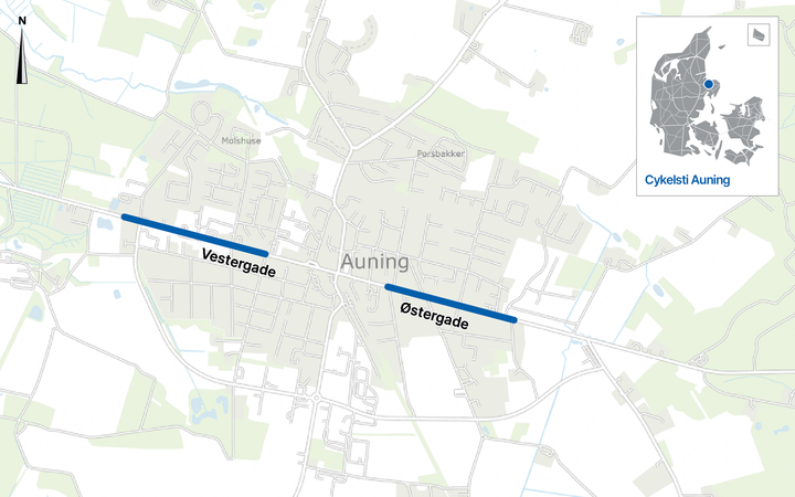 Vejdirektoratet etablerer frem mod 2027 to nye cykelstier i Auning, der skal gøre det lettere og mere sikkert at tage cyklen gennem byen. Illustration: Vejdirektoratet.