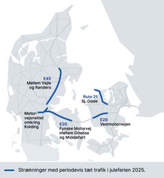 Strækninger med periodevis tæt trafik i juleferien. Grafik: Vejdirektoratet