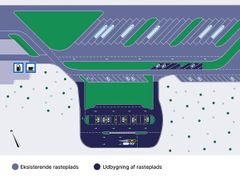 Illustration af den nye ladepark ved rasteplads Kildebjerg Syd. Grafik: Vejdirektoratet