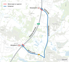 Der vil være skiltet med omkørsel mellem <56a> og <55> mens Østjyske Motorvej er spærret på grund af bronedrivningen.
