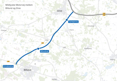 Kort over den kommende motorvejsstrækning mellem Billund og Give