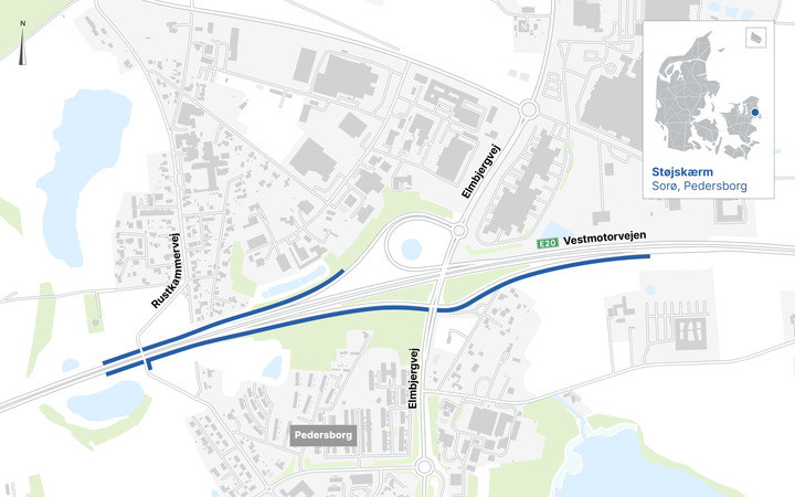 Placering af de nye støjskærme ved Pedersborg. Kort: Vejdirektoratet.