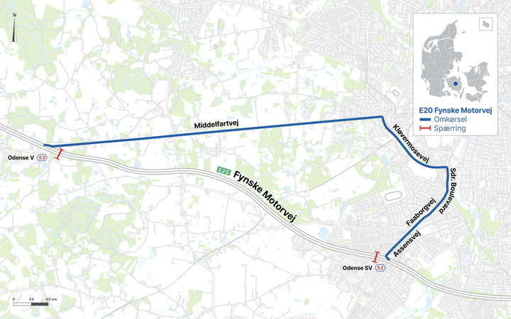 Omkørsel via <52> Odense SV, Faaborgvej, Kløvermosevej, Middelfartvej til <53> Odense V.