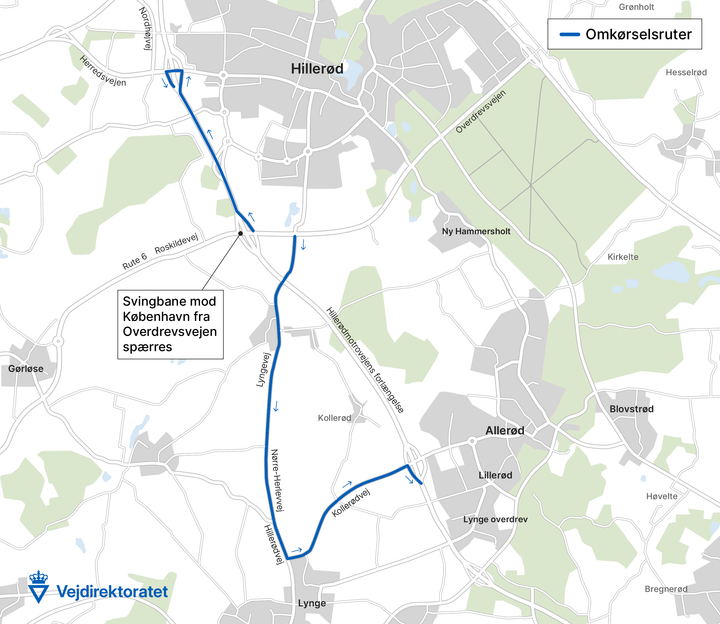 Svingbane til Hillerødmotorvejens forlængelse mod København spærres i knap tre uger. Kort over omkørselsruter: Vejdirektoratet