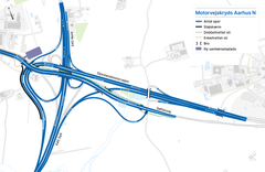 Det er store ændringer, der er i gang i og omkring motorvejskrydset ved E45 Aarhus N. Her ses en tegning over det færdige kryds med flere nye vejforløb.