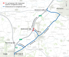 Omkørsler i forbindelse med spærring af de nordgående til- og frakørsler ved <58> Hedensted.