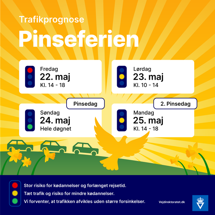 Det er særligt fredag 22. maj, at trafikanter bør beregne lidt ekstra tid til rejsen. Grafik: Vejdirektoratet
